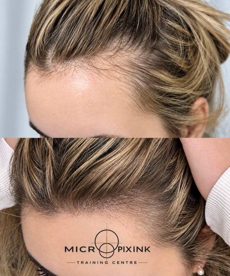 Student scalp micropigmentation hairline and density work during SMP training in London